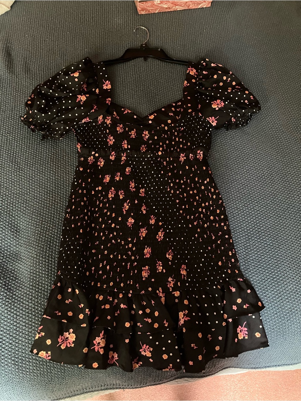For Love & Lemons Black Mini Dress with Pink Floral and White Polka Dots - Picture 4 of 5